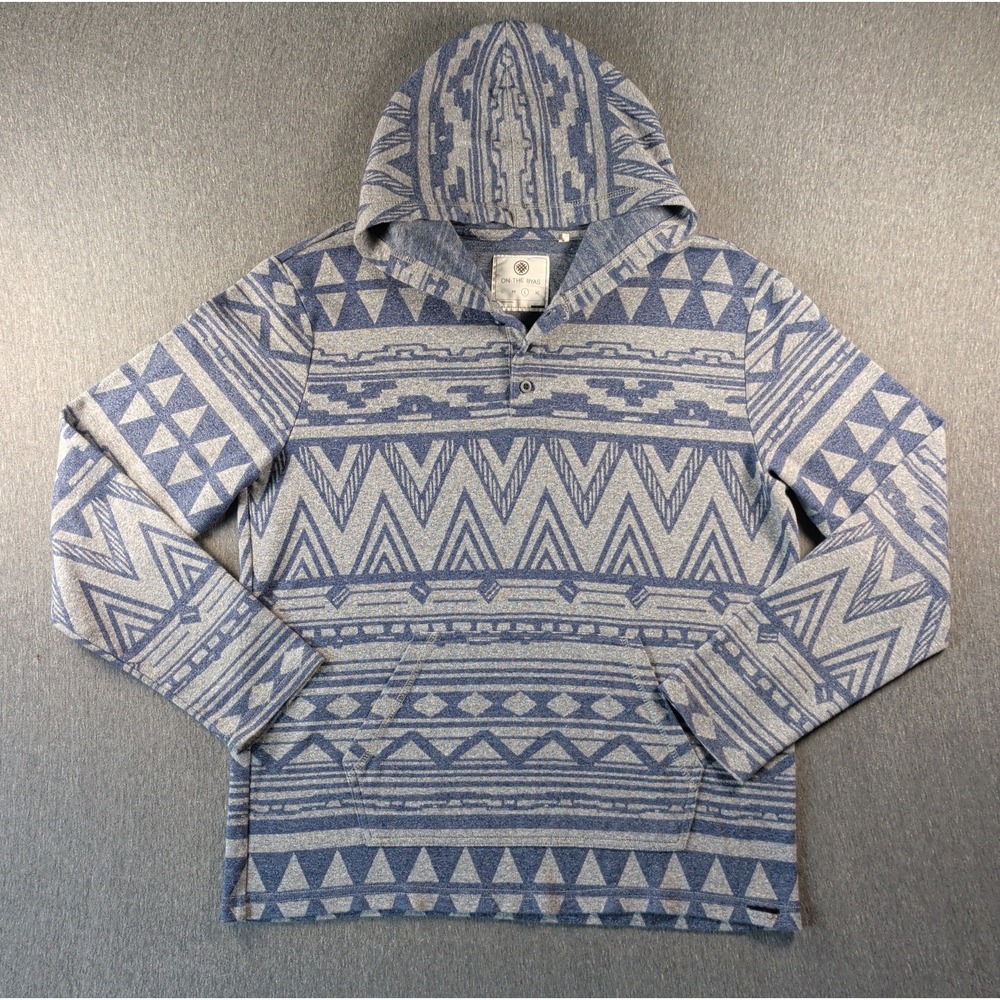 On The Byas Aztec Henley Hoodie Knit Tribal Sz L Pullover Streetwear Y2K Blue